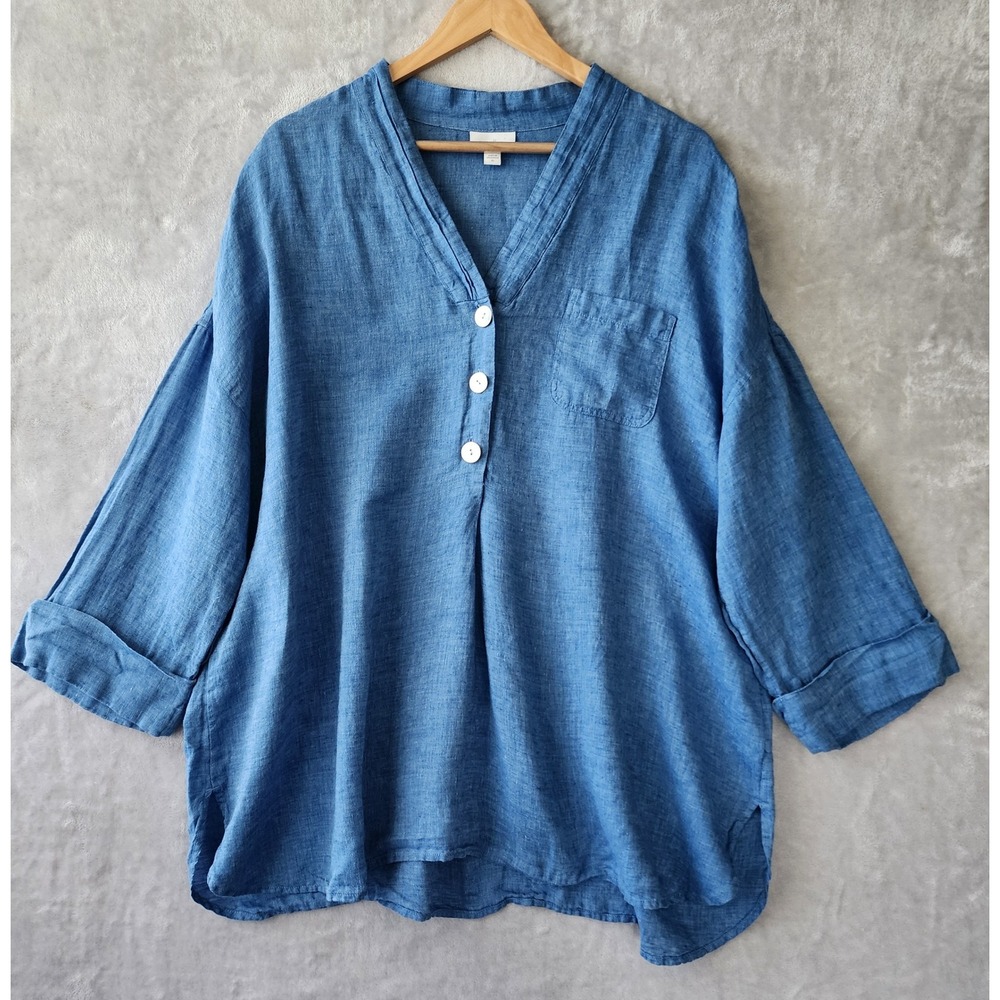 J. Jill Linen Top Womens Size XL Blue Button Neck Blouse Shirt Pocket Pure 100%